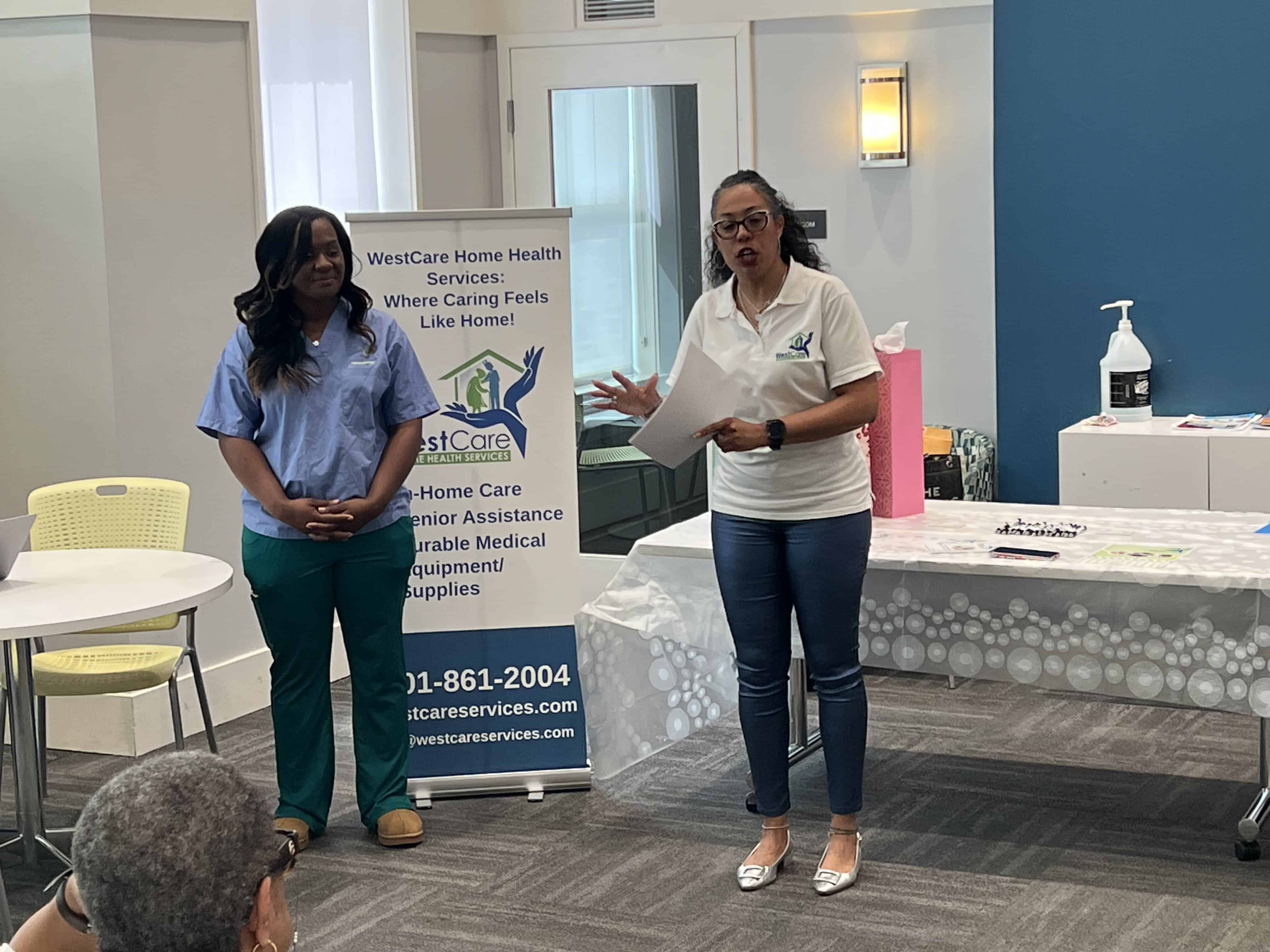 WestCare Home Health Services presenting home care information to seniors at The Belnor
